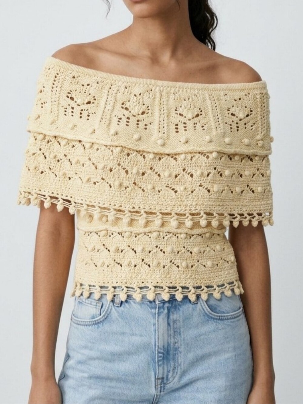 ZARA Off Shoulder Crochet Knit Sweater Cream Yellow Pointelle Fringe XS - NWOT!